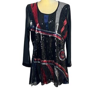 Ameri Mode Sequin Art Deco Style Mesh Long Sleeve Tunic Top S/M Black Multicolor
